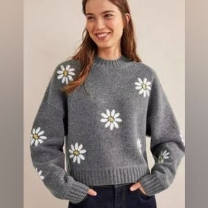 Boden Grey Embroidered Daisy Flower Gray Wool Jumper Sweater Large Knit Crewneck